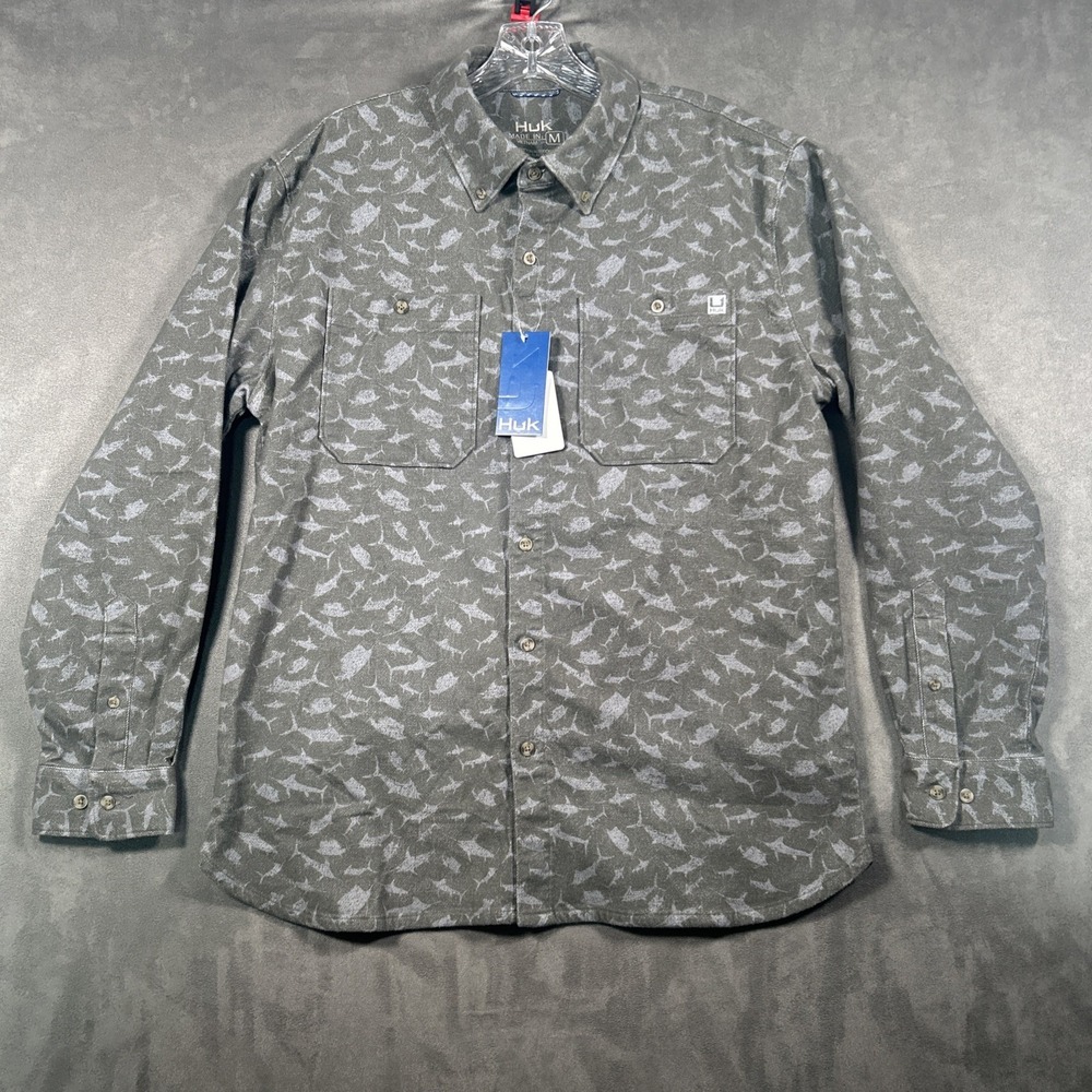 Huk Chesapeake KC Printed Flannel Mens Shirt M Fish Print NWT